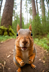Obraz premium Happy red squirrel in the thicket of the forest looks with interest