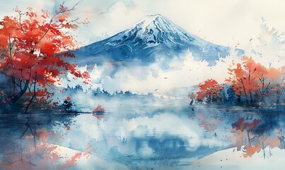 Mountain Fuji with morning fog and red leaves at lake Kawaguchiko in Watercolor Style