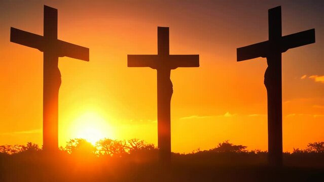 Backlight Crosses of Jesus Christ with the two thieves at sunset. Calvary crosses at sunset with dramatic orange twilight sky, symbolizing christianity, faith, and hope for resurrection