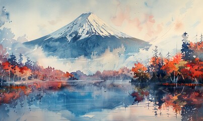 Fototapeta na wymiar Mountain Fuji with morning fog and red leaves at lake Kawaguchiko in Watercolor Style