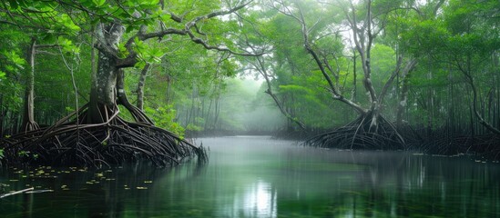 Fototapeta na wymiar This photo showcases a dense mangrove forest surrounding a calm body of water.