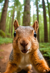 Happy red squirrel in the thicket of the forest looks with interest