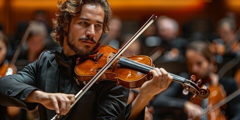 A skilled musician delicately commands his bow over the strings of a violin, captivating the...