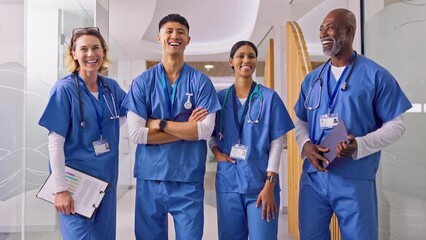 Portrait Of Smiling Multi Cultural Medical Team Wearing Scrubs In Modern Hospital 