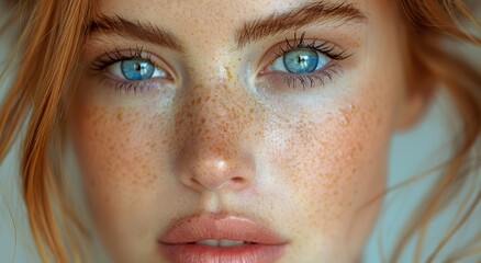 A woman's delicate features are highlighted in a mesmerizing closeup, showcasing her fluttering eyelashes, flawless skin, perfectly arched eyebrows, and captivating eyes enhanced with mascara, eye li - obrazy, fototapety, plakaty
