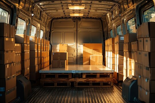 An empty van, its large interior adorned with boxes stacked to the ceiling, sits waiting to be filled with treasures for a new home