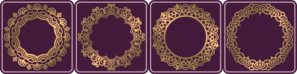 floral art circular elements set. decorative golden art frame.