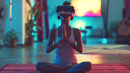 Cyber Yoga Guru: An Indian yoga instructor leading a virtual reality yoga class, guiding participants through digital meditation journeys - obrazy, fototapety, plakaty