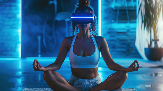 Cyber Yoga Guru: An Indian yoga instructor leading a virtual reality yoga class, guiding participants through digital meditation journeys