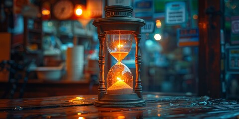 A solitary hourglass with a glowing light perched atop a bottle, sits quietly on a dimly lit street, counting down the passing moments of the night