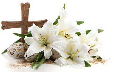 Sacred Adornment Cross Amidst Easter Lilies Isolated on Transparent Background.