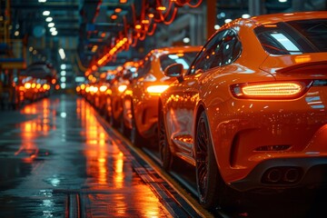 A dazzling display of high-end automotive design, a row of sleek orange sports cars parked on a...
