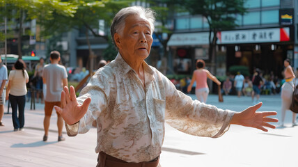 Tai Chi Flash Mob: A group of Asian seniors surprising bystanders with a spontaneous tai chi flash mob in a busy urban square, promoting health and harmony - obrazy, fototapety, plakaty