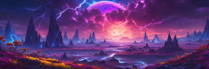 Alien landscape with purple sky. Mysterious realm shrouded in mist and majestic mountains