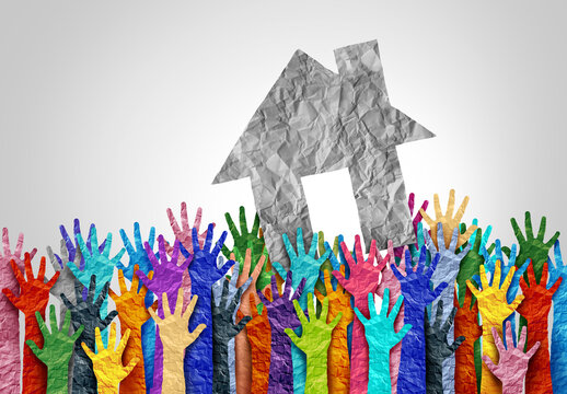 Homelessness Community Support and homless awareness as a social issue of society with the lack of affordable housing and homes or houses for the poor as society helping to provide shelter to the need