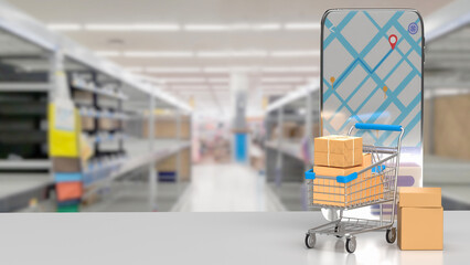 The shopping trolley and mobile phone for online market concept 3d rendering.