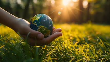 Child Holding Earth Globe in Nature-Inspired Sunset Imagery - obrazy, fototapety, plakaty
