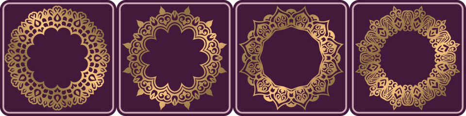 golden coloring art frame, wedding invitation cord design elements set.