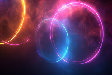 Naklejka premium Glowing neon circles of pink, blue, and purple intertwined together floating in an empty black void, creating a soothing, meditative, and tranquil minimalist art piece