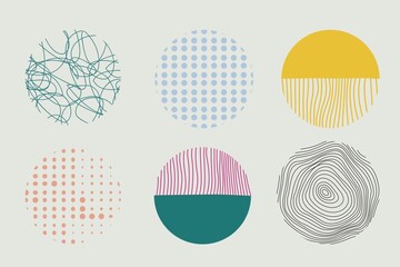 Contemporary modern trendy illustration. Set of round Abstract colorful Backgrounds or Patterns. Drops, spots, curves, Lines. Posters, Social media Icons templates...