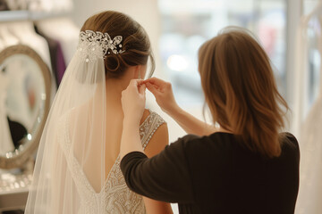 Naklejka premium Elegant Bridal Hair Styling with Veil and Ornate Hairpiece