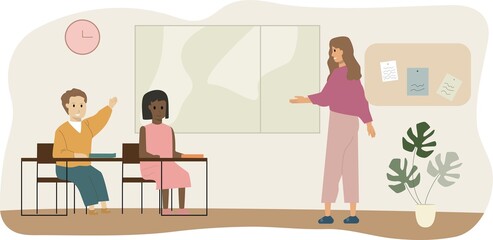 Girl and boy pupils sitting on desks at classroom during lesson flat illustration. Active male kid raising hand answering to teacher question. Smiling children at elementary school..