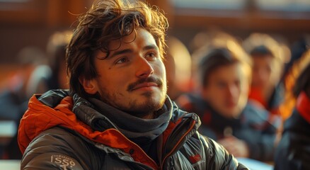 Obraz premium A contemplative man stands still, eyes closed and face upturned, clad in a scarf and jacket as he embraces the world both indoors and out