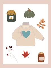 Cute autumn card with fall elements. Flat icons. Flat autumn images. The picture shows a sweater, a jar with mushrooms, leaves, a dried flower and a candle. Perfect for scrapbooking...