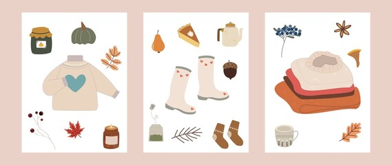 Set of autumn icons: sweater, falling leaves, cozy food, candle. Collection of autumn season elements. Bright background for harvesting. Autumn card...