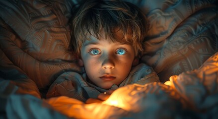 A peaceful toddler gazes up at the bright lights above, his innocent face a portrait of pure wonder in the quiet comfort of his indoor sanctuary