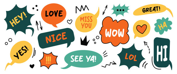 Set of doodle and speech bubble vector. Collection of contemporary figure, speech bubble with text, arrow in funky groovy style. Chat design element perfect for banner, print, sticker