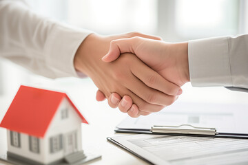 Fototapeta na wymiar Real Estate Handshake Agreement with House Model on Table