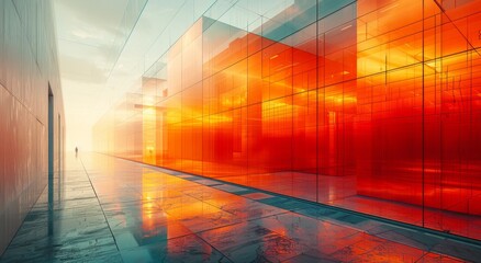 The glowing amber hues of the glass building reflected the misty fog, creating an ethereal work of art against the vibrant orange and blue sky