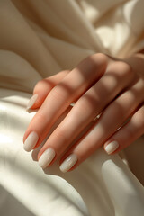 Sophisticated Hand with Nude Manicure on Silk Fabric