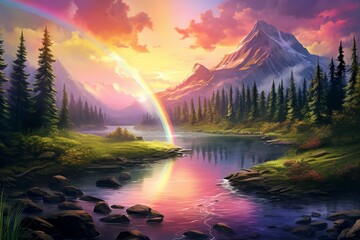 Mountain rainbow nature. Sky sun. Generate Ai