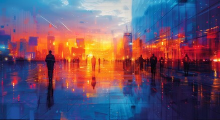 A bustling city street at night is transformed into a stunning abstract artwork, with the glowing skyscrapers and reflective water mirroring the fiery sunset sky above as a group of people walk benea