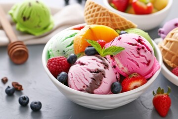 Assorted ice cream with berries and fruits in a white bowl.