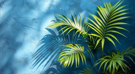 Fototapeta na wymiar A vibrant palm tree bursts with life against a tranquil blue wall, its lush leaves dancing in the warm breeze as if captured in a painted masterpiece