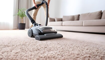 Brown carpet with vacuum cleaner in living room. Creative Banner. Copyspace image - obrazy, fototapety, plakaty