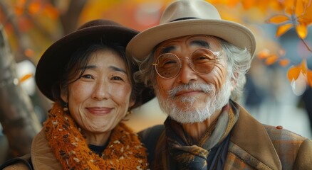A couple's joyful embrace in the midst of autumn, capturing the warmth of their smiles and the crispness of their fashion accessories - obrazy, fototapety, plakaty