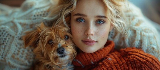 A young woman with piercing blue eyes gazes lovingly at her loyal dog, their bond evident in the...