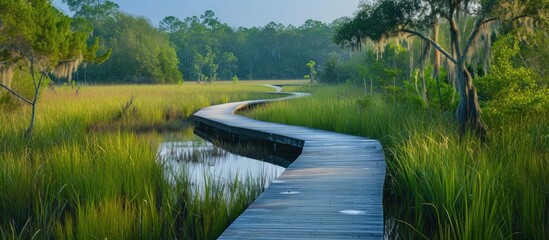 A curved wooden walkway disappears into a salt marsh in a Jacksonville nature preserve, surrounded by a grassy area next to a body of water.
