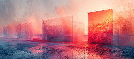 A dense fog envelops a gallery of abstract art, casting an ethereal glow upon the collection of rectangular masterpieces - obrazy, fototapety, plakaty