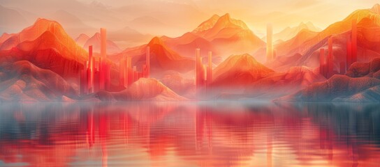 A tranquil city nestled in the mountains, its landscape adorned with a serene lake reflecting the stunning watercolor painting of a foggy sunrise and a fiery sunset over the majestic peaks