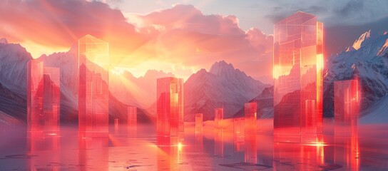 As the sun sets over the majestic mountains, the towering skyscrapers cast reflections on the tranquil lake, creating a stunning landscape of nature and man-made structures amidst the changing sky - obrazy, fototapety, plakaty