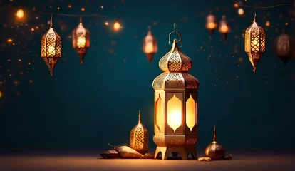 Foto op Plexiglas Generative AI Realistic Ramadan Glow Mosque Moon and Bokeh islamic ramadan eid mubarak kareem mosque background "Ramadan Glow: Moon and Lantern in the Night Sky"   © Hassan