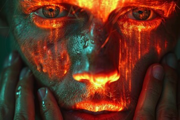 An agonized soul emerges, their skin molten with fiery pain, a closeup portrait of flesh melting in horror