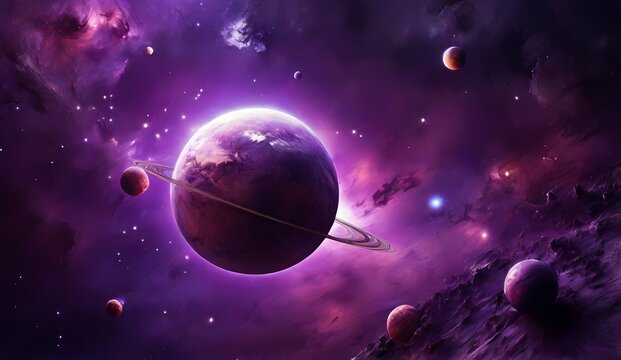 Generative AIpurple planet in space, cosmic palette, high resolution, purple galaxies, mesmerizing stars, purple earth and stars. Distant Planet - Elements of this Image Furnished by NASA


