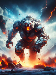 Futuristic sci-fi portrait of bio-mechanic robotic bear roaring, background is snow mountains and lava, explosion, smoke and fire, black clouds, thunderbolt and lightning, cool wall art and wallpaper