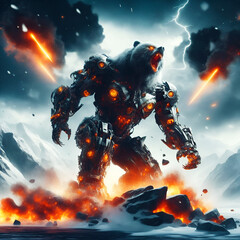 Futuristic sci-fi portrait of bio-mechanic robotic bear roaring, background is snow mountains and lava, explosion, smoke and fire, black clouds, thunderbolt and lightning, cool wall art and wallpaper